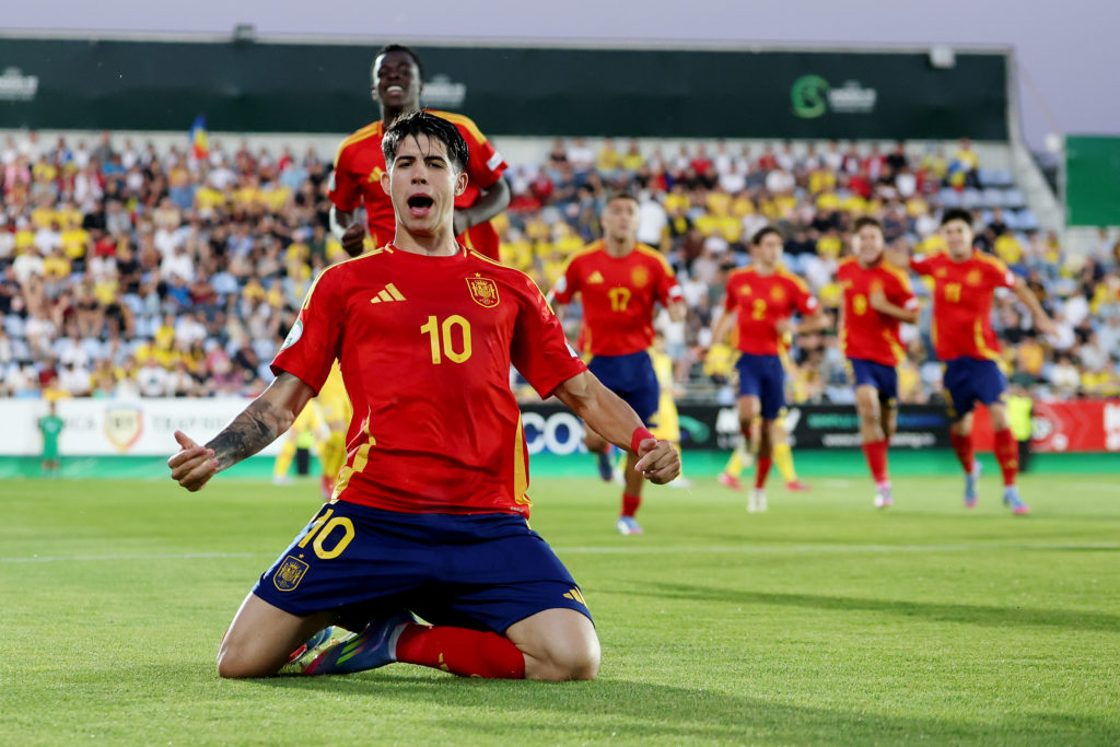 Newcastle United youngster Antonio Cordero celebrates after scoring for Spain Under-19s.