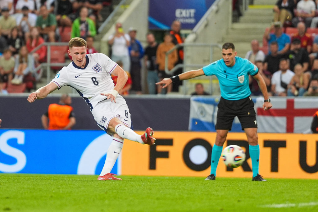 Elliot Anderson takes a penalty during an Under-21s Euros game between England and Spain