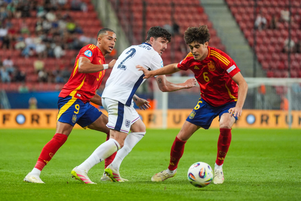 Tino Livramento playing for England U21s against Spain U21s.