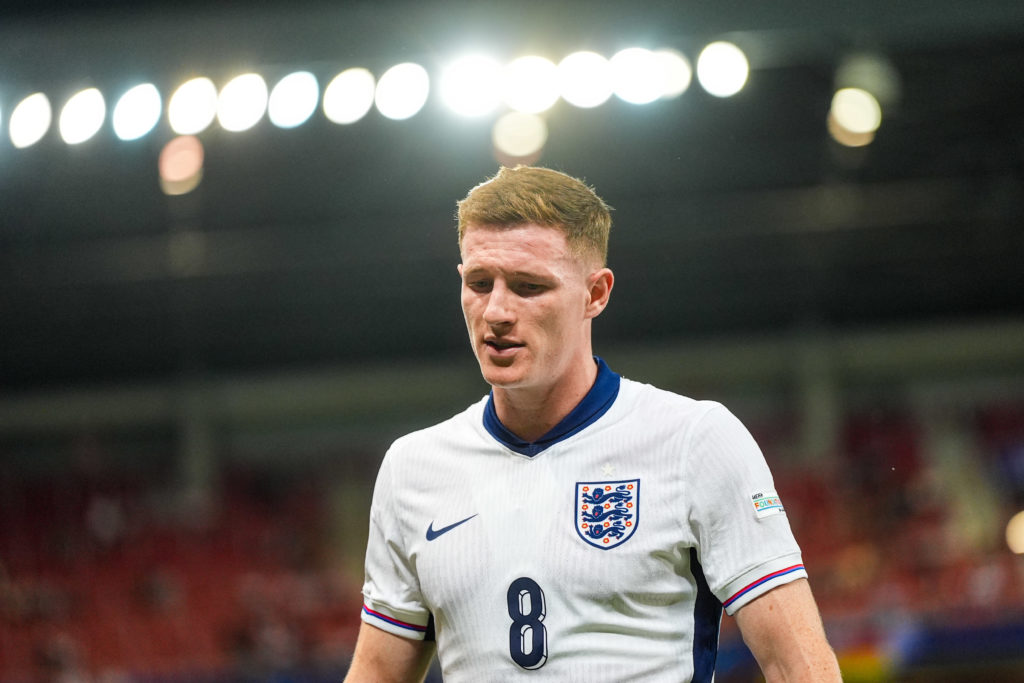 Elliot Anderson looks on during a UEFA Euro U21 game between England and Spain.