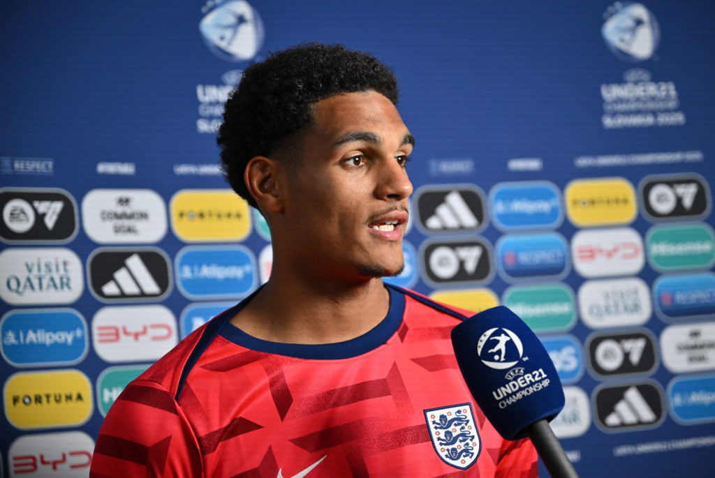 Jarell Quansah speaks to the media after England beat Spain at the European Under-21 Championship.