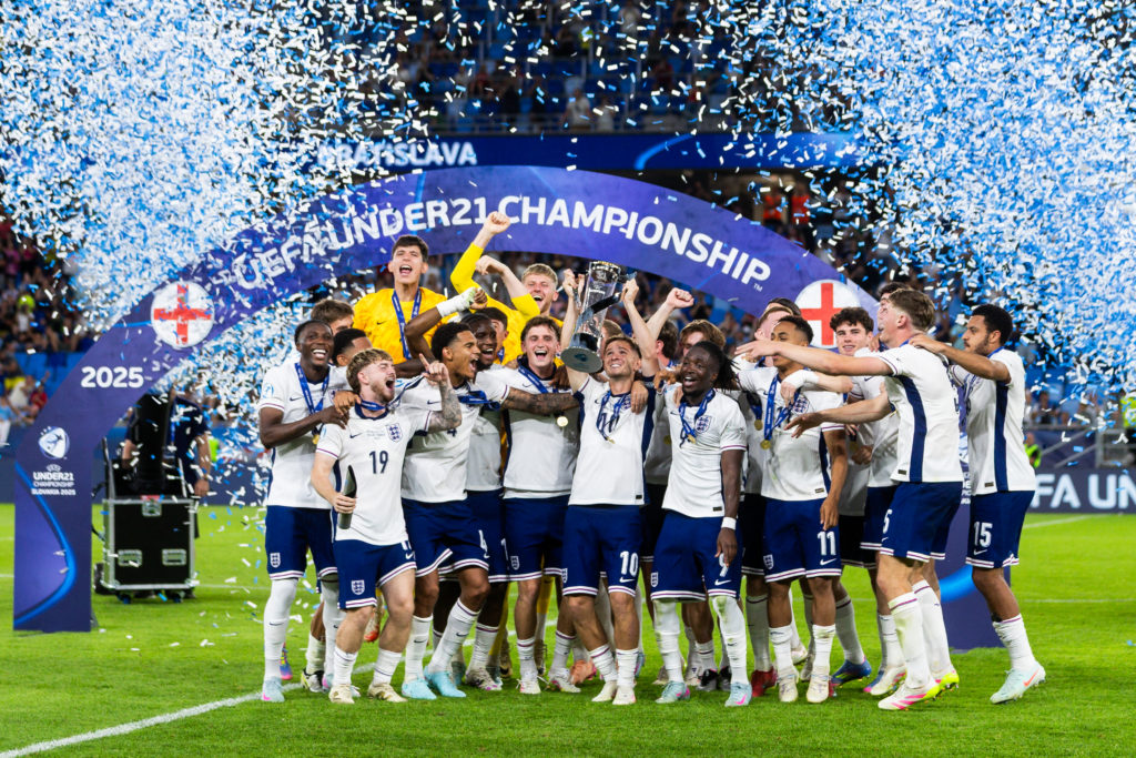 England players celebrate after winning the U21 European Championship final against Germany.