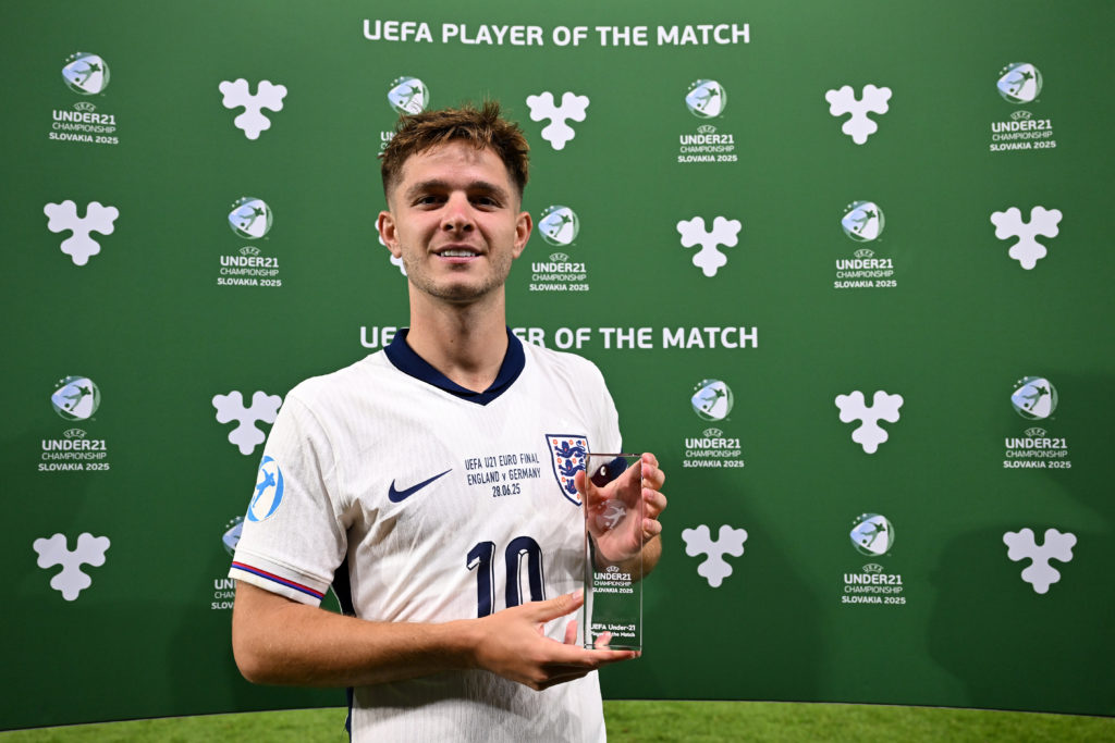 James McAtee of England poses for a photo with the Player of the Match trophy following victory in the UEFA European Under-21 Championship 2025 Final.