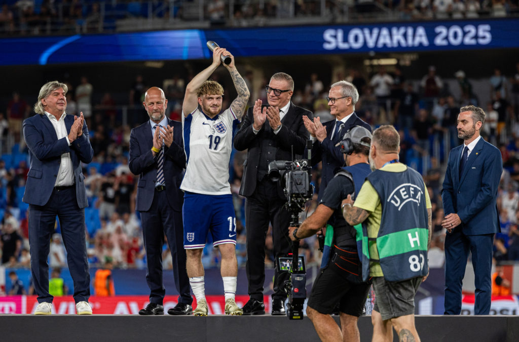 Harvey Elliott is awarded with the player of the tournament trophy after England won the European Under-21 Championship.