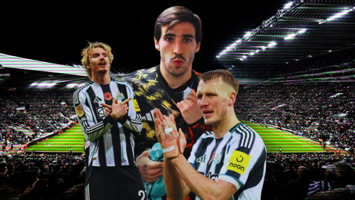 Collage of Sandro Tonali, Nick Woltemade and Dan Burn in front of St. James' Park.