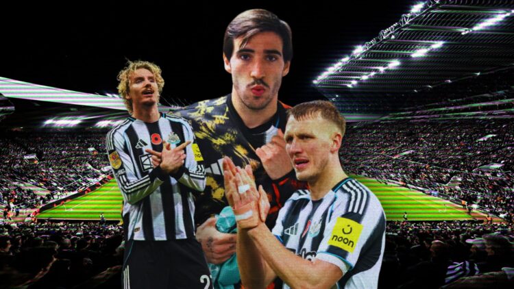 Collage of Sandro Tonali, Nick Woltemade and Dan Burn in front of St. James' Park.