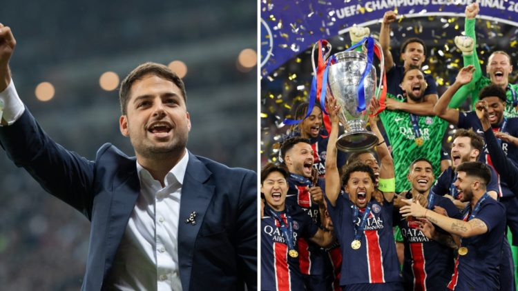 Newcastle United co-owner Jamie Reuben celebrates with fans. PSG players lift the Champions League trophy.