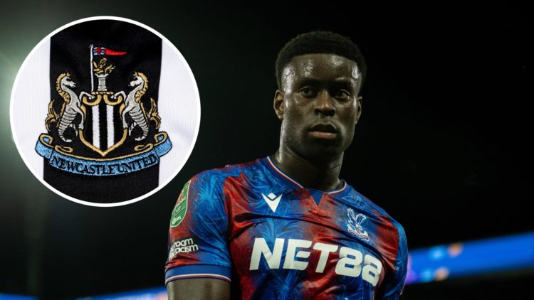 Inset, a detailed view of the Newcastle United club badge. Marc Guehi playing for Crystal Palace against Norwich.