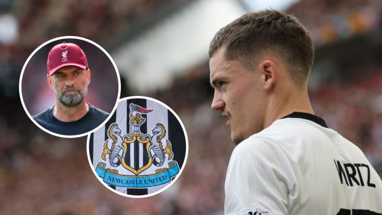 Florian Wirtz playing for Germany, Jurgen Klopp managing Liverpool, Newcastle United badge