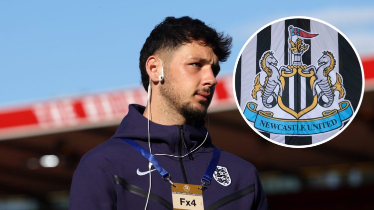 James Trafford is seen before England play Senegal. Inset, a detailed view of the Newcastle United badge.