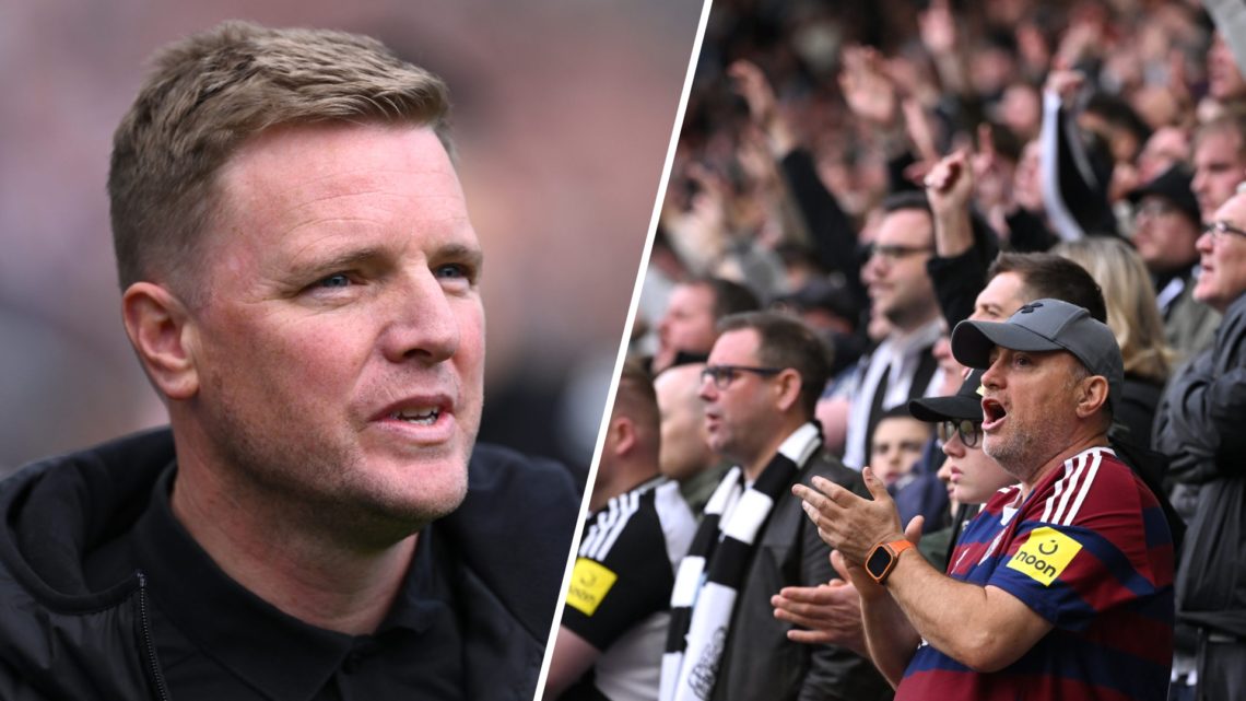 Newcastle United manager Eddie Howe looks on, Newcastle United fans watch their team play