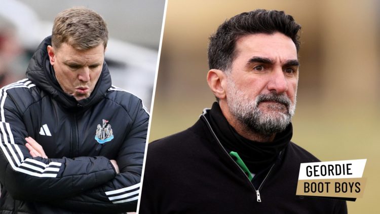 Eddie Howe reacts during a Newcastle United game. Newcastle United chairman Yasir Al-Rumayyan is seen at a golf event.