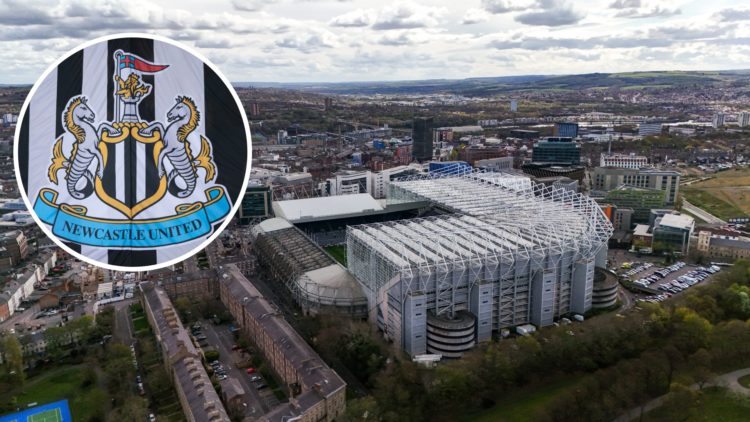 Inset, detailed view of the Newcastle United badge. A general aerial view of St James' Park in Newcastle.