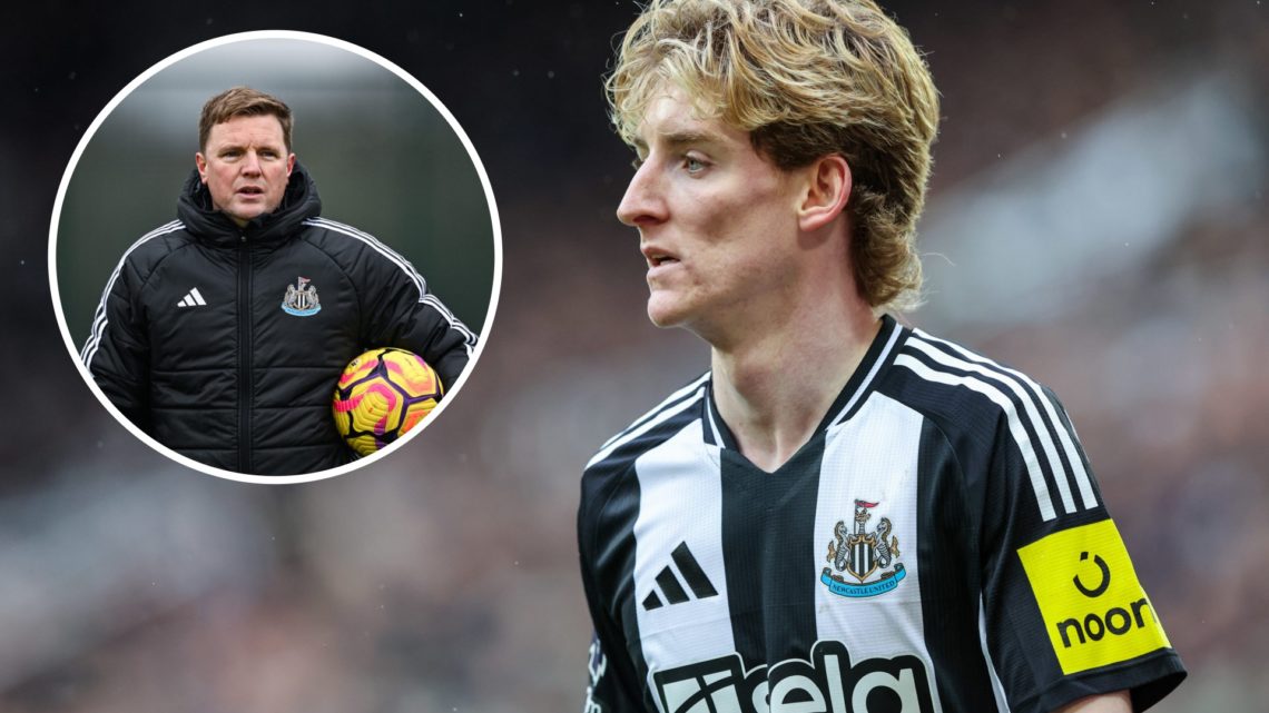 Inset, Eddie Howe is seen during a Newcastle United training session. Anthony Gordon playing for Newcastle United.