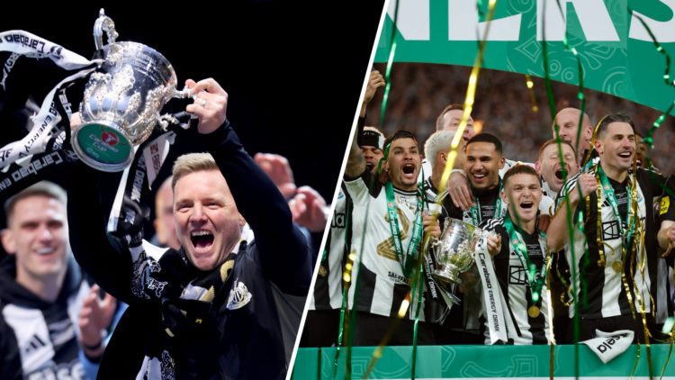 Eddie Howe lifts the Carabao Cup trophy, Newcastle United players celebrate after winning the Carabao Cup