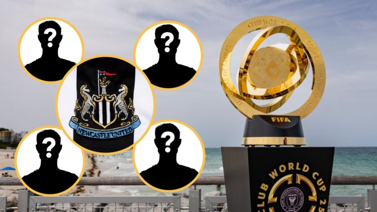 The Club World Cup trophy on a plinth, Newcastle United badge, mystery players