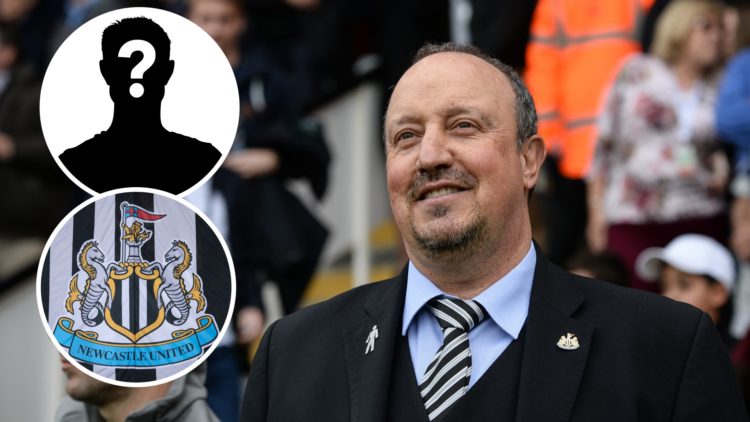 Rafa Benitez is seen before a Newcastle United game. Inset 1, mystery player graphic. Inset 2, a detailed view of the Newcastle United badge.