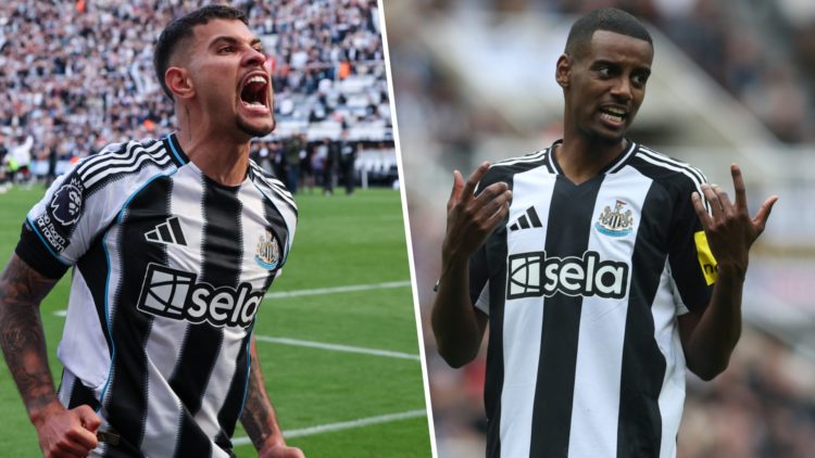 Bruno Guimaraes celebrates after Newcastle United qualify for the Champions League. Alexander Isak playing for Newcastle United.
