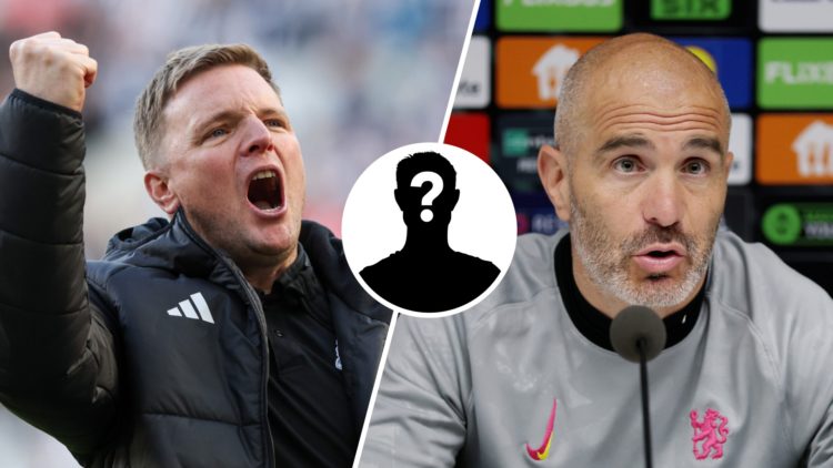 Newcastle United manager Eddie Howe celebrating, Chelsea manager Enzo Maresca speaks to the media, mystery player