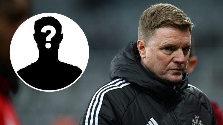 Inset, mystery player graphic. Eddie Howe looks dejected after Newcastle United lose to Fulham.
