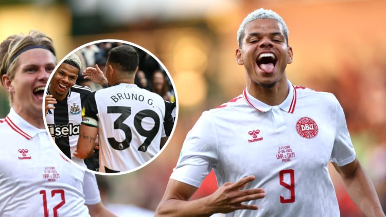 Will Osula celebrates scoring for Denmark Under-21s, Will Osula dances with Bruno Guimaraes after scoring for Newcastle United