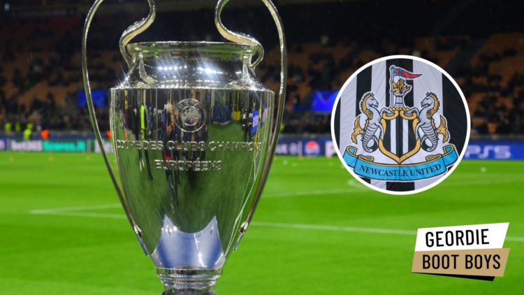 A general view of the UEFA Champions League trophy occurs during the round of 16 UEFA Champions League match between Inter Milan and Feyenoord Rott...