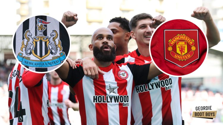 Bryan Mbeumo celebrates scoring a goal for Brentford, Newcastle United badge, Manchester United badge