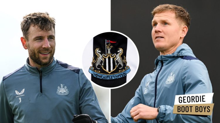 Paul Dummett smiles during the Newcastle United Training Session at the Newcastle United Training Centre. Matt Ritchie heads the ball during the Ne...