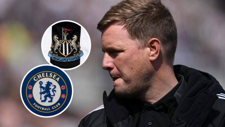 Eddie Howe, Manager of Newcastle United, looks on prior to the Premier League match between Newcastle United FC and Chelsea FC. Inset: the Newcastl...