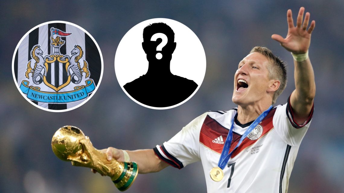 Inset 1, detailed view of the Newcastle United badge. Inset 2, mystery player graphic. Bastian Schweinsteiger lifts the World Cup trophy after Germ...