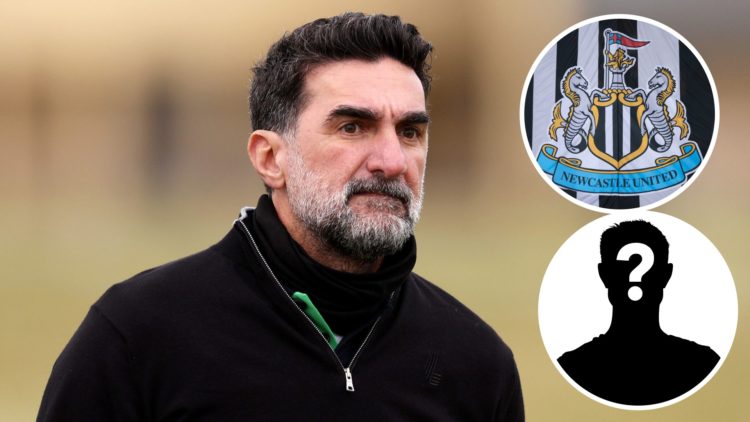 Newcastle United chairman Yasir Al-Rumayyan is pictured at a golf event. Inset 1, a detailed view of the Newcastle United badge. Inset 2, mystery p...