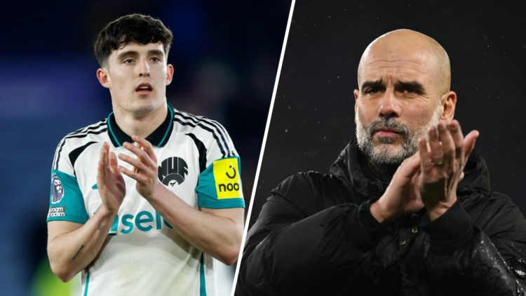 Tino Livramento of Newcastle United applauds the fans after the Premier League match between Leicester City FC and Newcastle United FC Pep Guardiol...