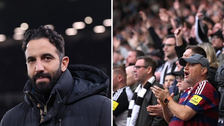 Ruben Amorim looks on during a Manchester United game. Newcastle United fans applaud their team.