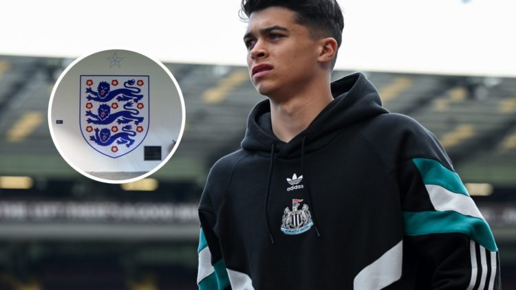 Lewis Miley of Newcastle United (67) before the Premier League match between Aston Villa FC and Newcastle United FC. Inset: the England badge