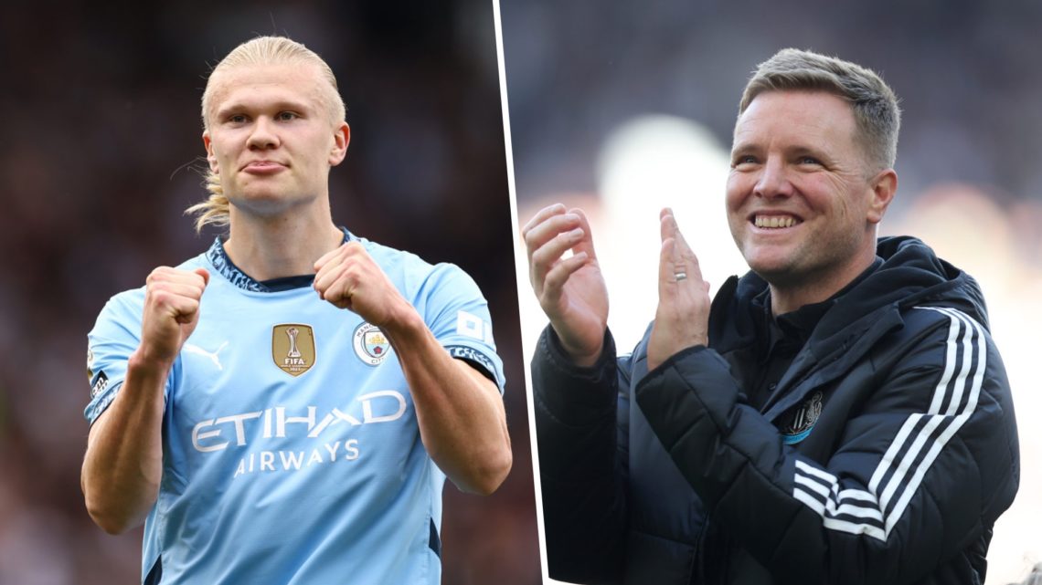 Erling Haaland celebrates scoring for Man City against Fulham. Eddie Howe claps towards Newcastle United fans.