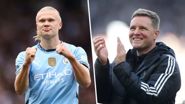 Erling Haaland celebrates scoring for Man City against Fulham. Eddie Howe claps towards Newcastle United fans.