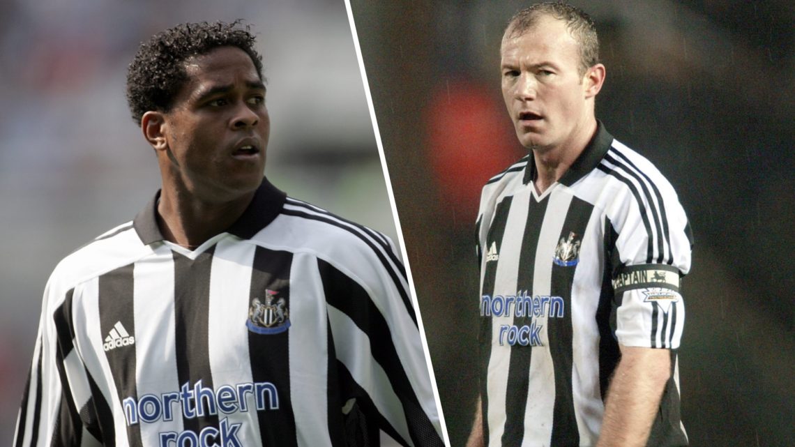 Patrick Kluivert playing for Newcastle United. Alan Shearer in action for Newcastle United.