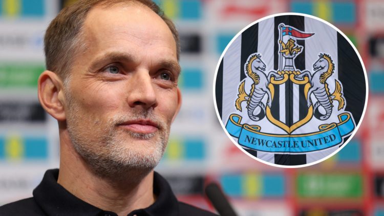 England head coach Thomas Tuchel speaks during a press conference. Inset, detailed view of the Newcastle United badge.