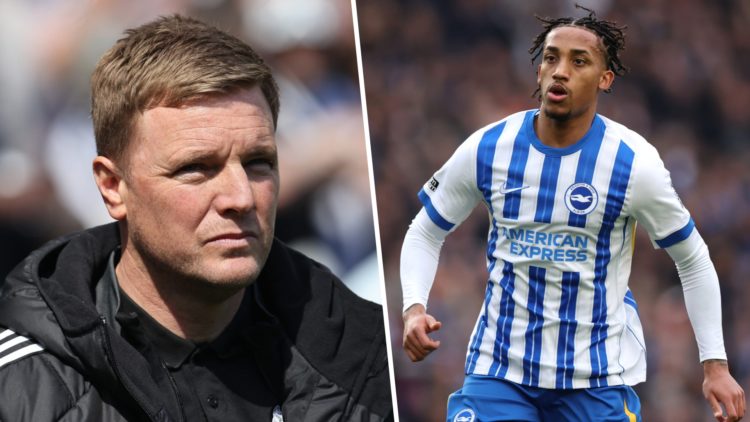 Eddie Howe looks on before a Newcastle United game. Joao Pedro playing for Brighton in the Premier League.