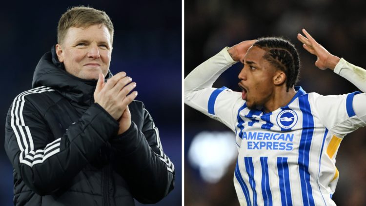 Newcastle United manager Eddie Howe claps towards fans. Joao Pedro celebrates scoring a goal for Brighton.
