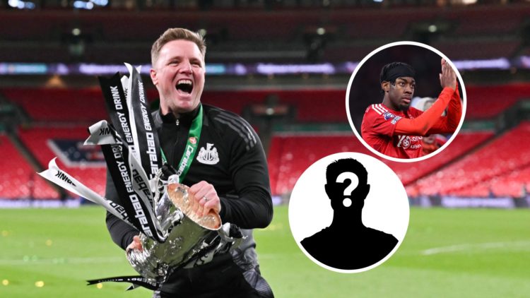 Newcastle United's English head coach Eddie Howe celebrates with the League Cup trophy after winning the English League Cup final football match be...