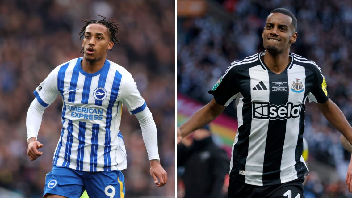 Joao Pedro playing for Brighton. Alexander Isak celebrates scoring a goal for Newcastle United.
