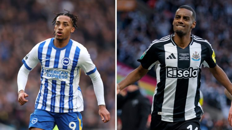 Joao Pedro playing for Brighton. Alexander Isak celebrates scoring a goal for Newcastle United.