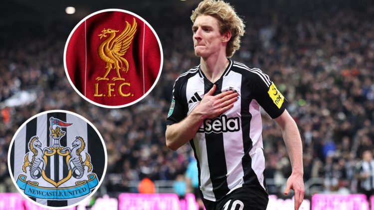 Inset 1, a detailed view of the Liverpool club crest. Inset 2, detailed view of the Newcastle United badge. Anthony Gordon celebrates scoring a goa...