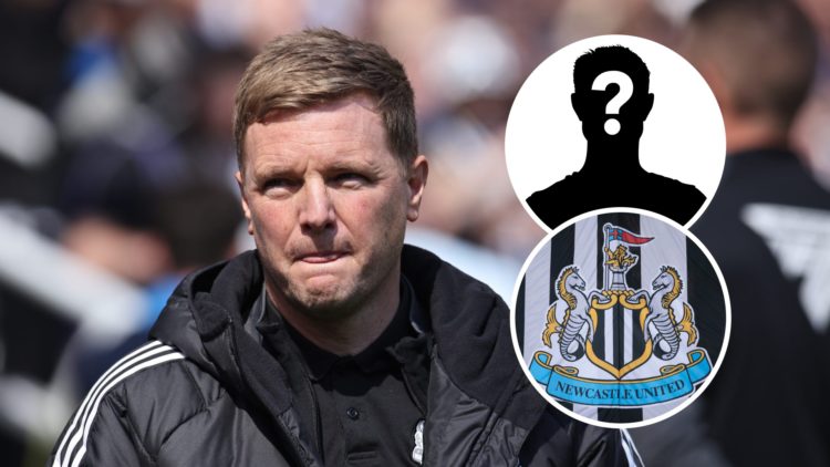 Eddie Howe managing Newcastle United, Newcastle United badge on a flag, mystery player