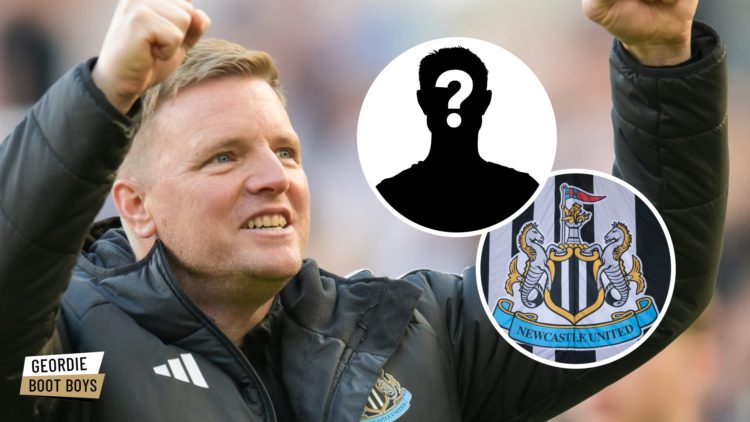 Newcastle United manager Eddie Howe celebrates, Newcastle United badge on a flag, mystery player
