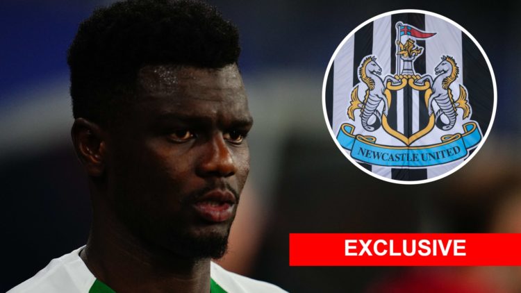 Ousmane Diomande looks on during a Champions League game between Sporting Lisbon and RB Leipzig. Inset, a detailed view of the Newcastle United badge.