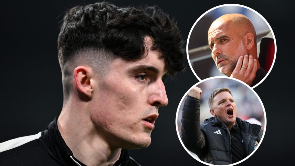 Tino Livramento playing for Newcastle United. Inset 1, Man City manager Pep Guardiola. Inset 2, Newcastle United manager Eddie Howe.