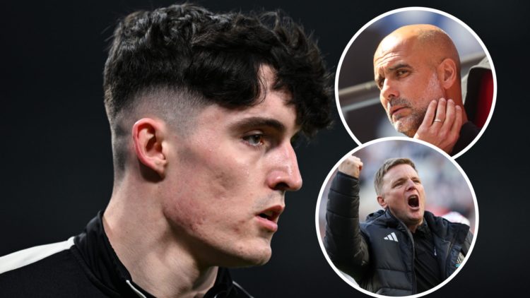 Tino Livramento playing for Newcastle United. Inset 1, Man City manager Pep Guardiola. Inset 2, Newcastle United manager Eddie Howe.