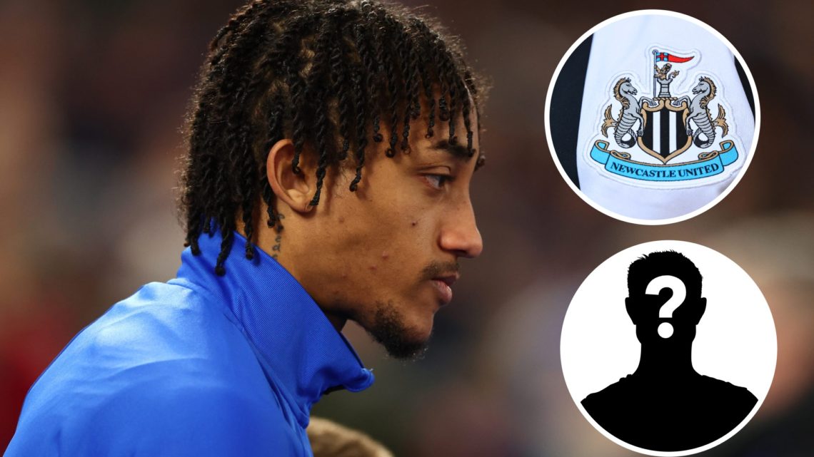 Joao Pedro during a Premier League game between Brighton and Arsenal. Inset, detail view of the Newcastle United badge. Inset 2, mystery person gra...